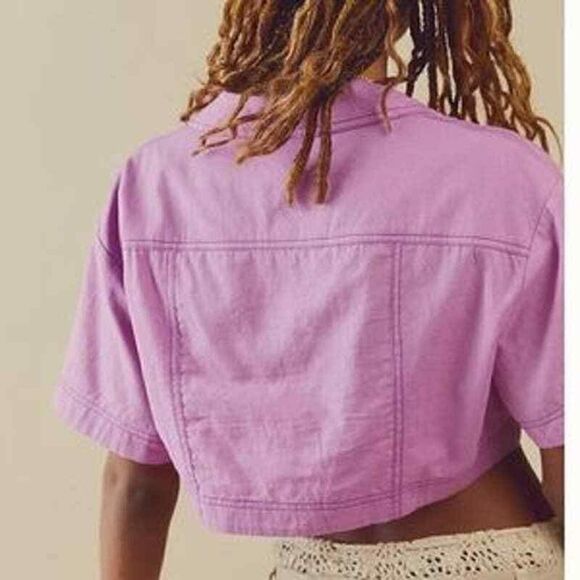 NWT Free People Honey Dew Crop Top Button Down Linen Blend Purple Size S ($78) - Picture 6 of 10